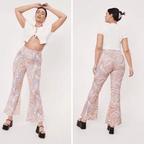 nwt NASTY GAL Marble-Print High-Waisted Pull-On Flare Pants - Plus Size 18 - Picture 1 of 13